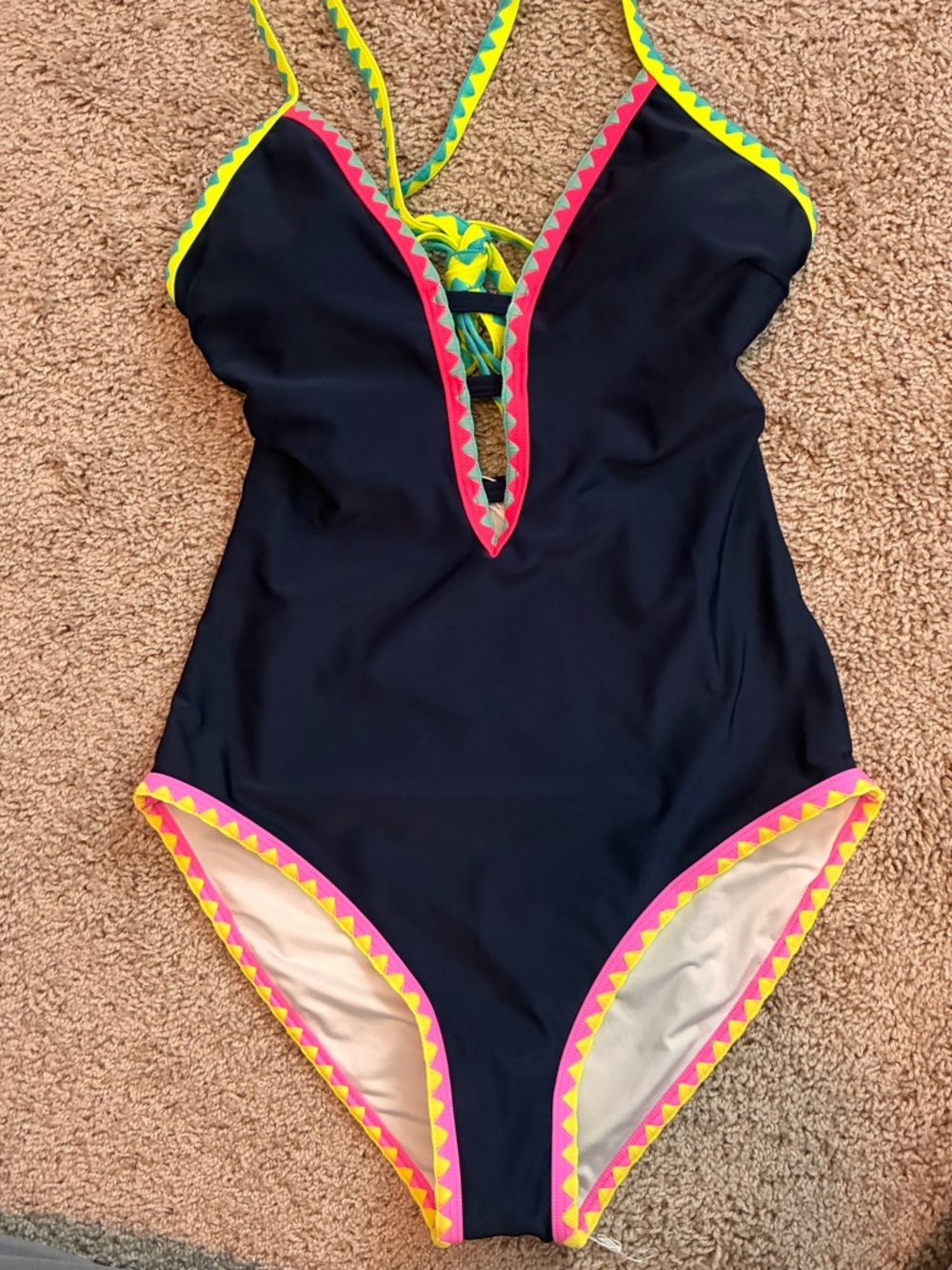 NWT 🆕 Women’s one-piece bathing suit POPVIL navy neon Deep v-neck Size Small